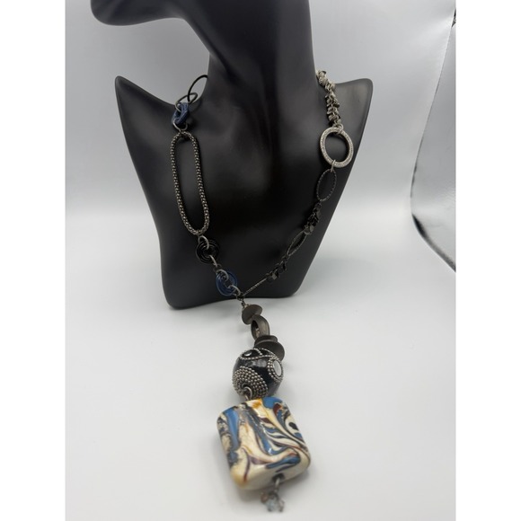 Landra Jewelry - Landra Mixed Media Asymmetrical Statement Necklace Marbled Pendant Magnetic 26in